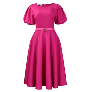 Detailed view of puff sleeves and belted waist on a rose red elegant A-line dress
