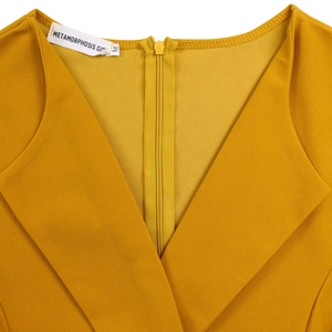 Macro shot of V-neckline detail with invisible zipper on textured yellow midi dress