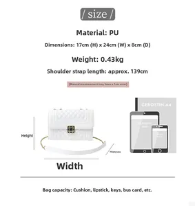 Detailed size comparison of white quilted shoulder bag with dimensions and material info