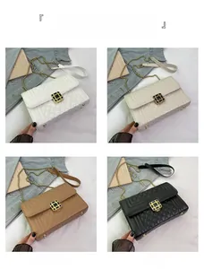 Detailed view of women's quilted chain crossbody bags in white, cream, khaki, and black colors