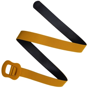 Close-up of wide yellow suede waist belt with a matching fabric-wrapped buckle