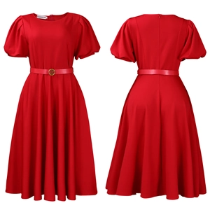 Detail of red bubble sleeve midi dress with matching gold buckle waist belt, front and back