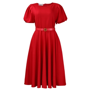 Detailed view of red round-neck dress featuring puff sleeves and matching belt buckle