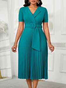 Women Elegant V-Neck Short Sleeve Pleated Midi Dress High Waist Solid Color Dress With Belt Casual Summer Clothing