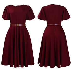 Detailed views of wine red puff sleeve dress with high waist and matching gold buckle belt