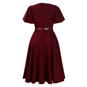 Rear view of elegant wine red A-line dress with puff sleeves and invisible back zipper