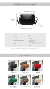 Detailed size chart and multi-color options for vintage saddle bag with PU leather specs