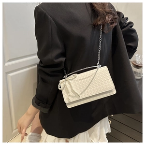 Vista detallada del bolso tejido con cadena plateada y detalles elegantes de perlas