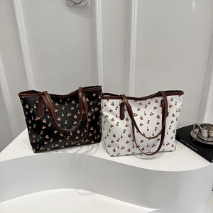Women Tote Bag PU Leather Cherry Print Large Capacity Niche Aesthetic Handbag For Girl Commuting Streetwear Zipper