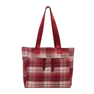 Classic red and white checkered tote bag with shoulder straps and front zipper pocket