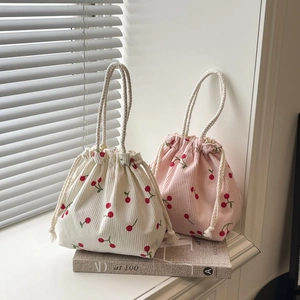 Damen Cord Kordelzug Beuteltasche Erdbeere Kirsche Druck Umhängetasche Mini Schultertasche Frisch Süß Studenten Aufbewahrung Handtasche