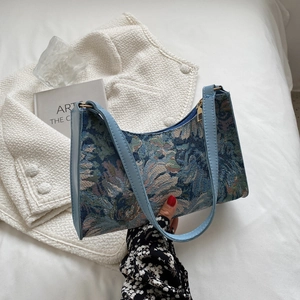 Vintage French Jacquard Floral Underarm Bag For Women Elegant Oil Painting Shoulder Bag With Leather Strap Fashion Hobo Bag
