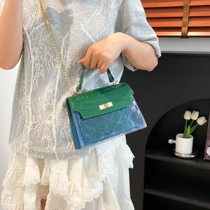 Women's vintage green crocodile pattern and blue quilted PVC crossbody bag with gold chain