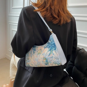 Elegant light blue floral jacquard underarm bag with vintage half-moon pattern design
