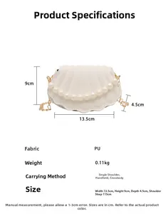 Detailed specs of white shell bag with pearl handle, PU leather, 13.5x9x4.5cm dimensions