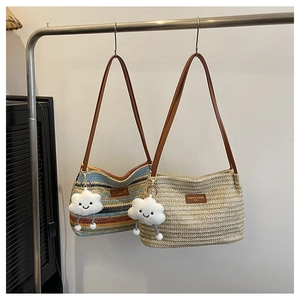 Detail of hand-woven tote bags featuring premium textures and a cute cloud charm