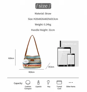 Size comparison chart for woven straw tote bag with dimensions and capacity details
