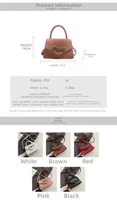 Detail showing crocodile texture PU bag with rhinestone bow and dimensions chart