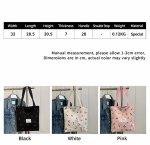 Tabella taglie dettagliata per borsa tote in velluto a coste con dimensioni e colori