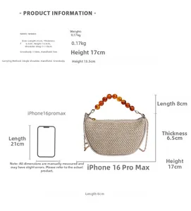 Detailed size specifications of beige woven straw bag with amber bead handle and chain