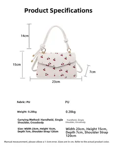 Detailed size chart of white cherry print PU leather crossbody bag with dimensions