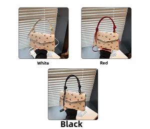 Detailed grid view of mini cherry print flap bags in white, red and black color options