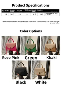 Detailed product size chart and color options for the women's PU leather crossbody handbag