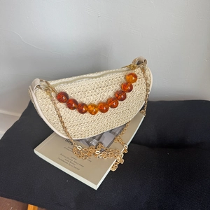 Women Retro Woven Shoulder Bag Summer Half Moon Straw Style Purse With Amber Beaded Handle Metal Chain Strap Vacation Crossbody Bag