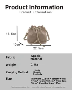 Detailed size specifications for the water-ripple texture drawstring bucket bag