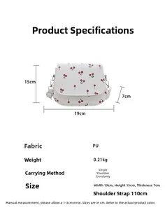 White PU saddle bag with red cherry prints and adjustable 110cm strap details
