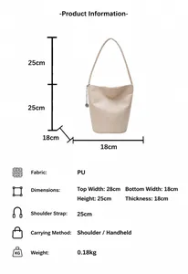 Tableau des tailles pour ce sac seau beige avec anse de 25cm et largeur supérieure de 28cm
