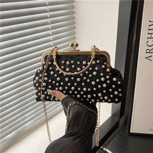 Sac de Soirée en Dentelle à Künstliche Perles Rétro Français Avec Décoration Florale 3D Fermoir Baiser Métallique Sac à Bandoulière Femme Clutch