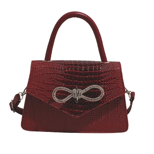 Red crocodile pattern handbag with sparkling rhinestone bow knot and top handle
