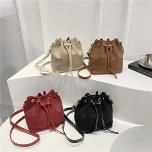 Women Minimalist Mini Bucket Bag Solid Color Faux Suede Frosted Crossbody Bag With Drawstring Casual Fashion Shoulder Bag