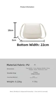 Detailed size chart and dimensions of the cream white saddle bag with PU leather specs