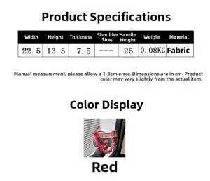 Detailed size specifications for a red checkered canvas handbag with dimensions and weight