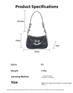 Detailed size chart for blue denim PU handbag with butterfly chain and metal accents