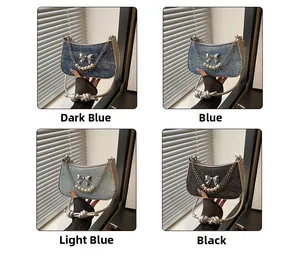 Collage of four denim sequins handbags with butterfly metal trim and pearl chains