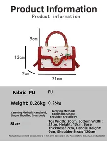 Detailed dimension guide for cherry print handbag with red woven handle and metal lock