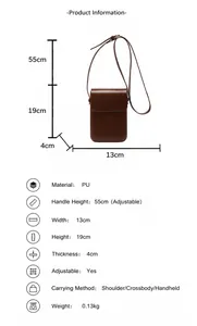 Especificaciones de tamaño del bolso bandolera vertical de cuero PU marrón