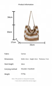 Tabla de tallas detallada del bolso tote de lona a rayas con medidas de 33x33x17cm