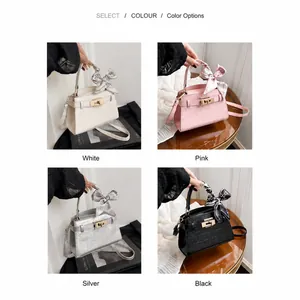 Crocodile pattern small handbags in white, pink, silver, and black with silk scarf detail