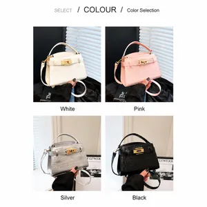 Collage of four crocodile pattern top-handle bags in white, pink, silver and black