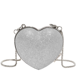 Sparkly silver heart shaped evening bag with fine glitter finish and metal chain strap
