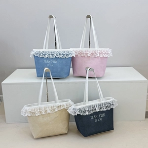 Bolso Tote De Mezclilla De Gran Capacidad Con Ribete De Encaje Estilo Coreano Bolso De Hombro Bordado Para Mujer Diario