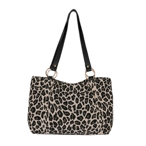 Fashionable leopard print canvas tote bag with black leather straps and gold metal rings