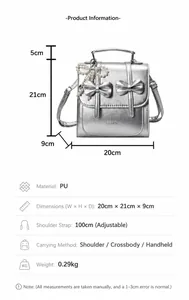 Silver PU bow handbag dimensions 20cm x 21cm x 9cm with weight and size details