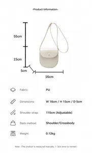 Detailed dimensions of white PU leather crossbody saddle bag with adjustable strap measurements
