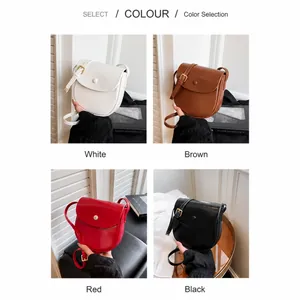 Mini crossbody saddle bags displayed in white, brown, red, and black color options