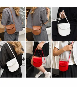 Collage of model wearing stylish saddle crossbody bags in brown, beige, and red colors